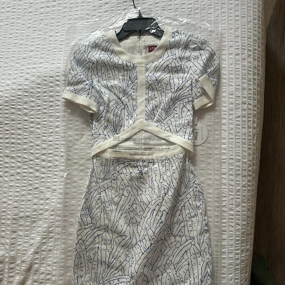 STAUD White and Blue Patterned Dress
